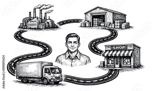 Hand drawn line art illustration of a supply chain manager depicting the flow of goods from factory to retail for business logistics