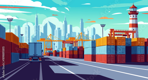 Container Port Vector Illustration with Cityscape and Lighthouse