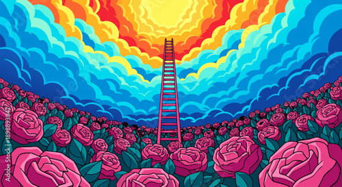Vibrant vector illustration of a surreal rose field ascending towards a sunlit sky with a ladder