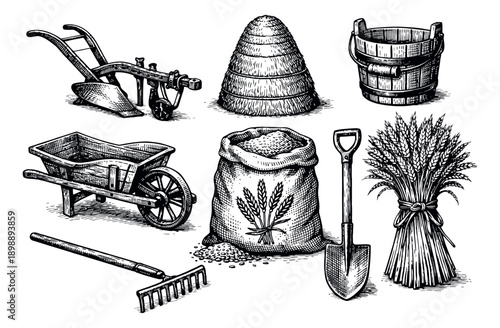 Hand drawn line art agricultural elements set featuring vintage farming implements and harvest produce for farming and rural life