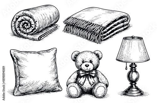 Line art comfort items set featuring blankets, a pillow, a teddy bear, and a table lamp for home decoration