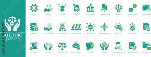 AI Ethics and icon set. Transparency, accountability, fairness, AI bias, data privacy, regulation, artificial intelligence safety. Solid icon collection.
