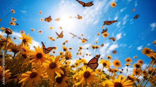 Bottom view of flying butterflies nearly yellow blooming flowers in summer. Beautiful insects with patterns on wings. Warm sunny day. Generative AI