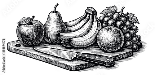 Hand drawn woodcut style fruit set featuring an apple, pear, bananas, orange, and grapes on a cutting board with a knife for healthy eating
