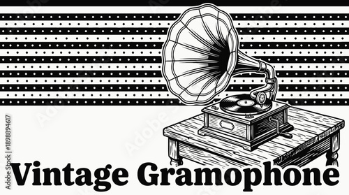 Vintage Gramophone Record Player Household Object Retro Black and White Background Vector Illustration