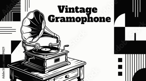 Vintage Gramophone Record Player Household Object Retro Black and White Background Vector Illustration