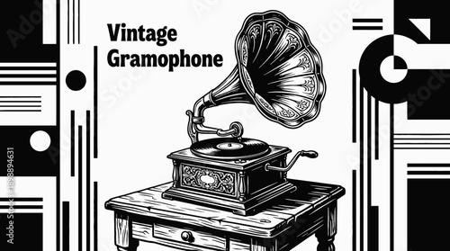Vintage Gramophone Record Player Household Object Retro Black and White Background Vector Illustration