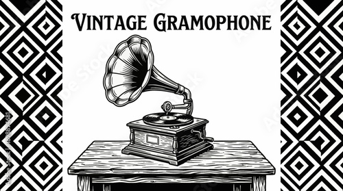 Vintage Gramophone Record Player Household Object Retro Black and White Background Vector Illustration