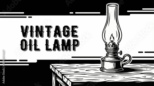Vintage Oil Lamp Household Object Retro Black and White Background Vector Illustration