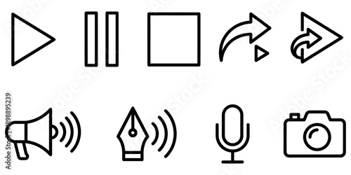 Multimedia and editing icons: play, pause, stop, rewind, fast forward, megaphone, pen tool, microphone, camera Vector Icon Bundle