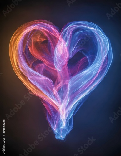 Vibrant abstract heart shape composed of swirling blue and orange smoke trails against a dark background symbolizing passion and unity in artistic form