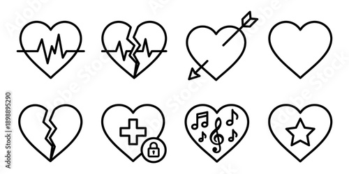 Heart icons representing love, broken heart, health, security, and music in simple line art style Vector Icon Bundle