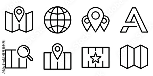 Map and location icons in line art: map, globe, pins, letter A, search, flag, road map for navigation Vector Icon Bundle