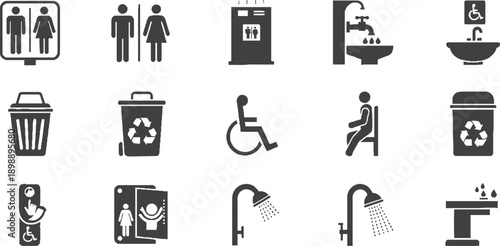 “Public Restroom Outline Icons Set – Toilet, Sink, Hand Dryer & Hygiene Symbols”