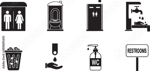 “Public Restroom Outline Icons Set – Toilet, Sink, Hand Dryer & Hygiene Symbols”