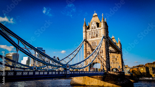 aerial view of London with Tower Bridge and The Shard at sunset, capturing dramatic light, strong contrast, and the city’s iconic skyline.