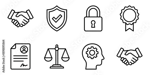 Business and legal icons: handshake, shield, lock, award, document, scales of justice, brain, handshake Vector Icon Bundle