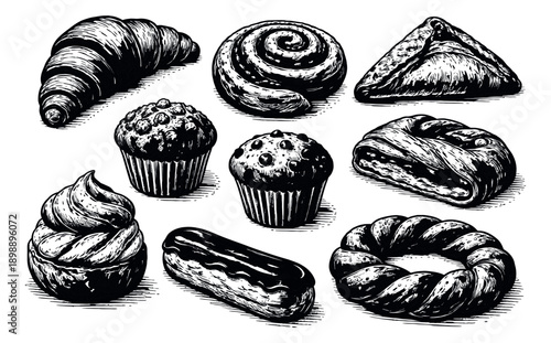 Hand drawn line art bakery set featuring croissants, muffins, éclairs, and other sweet treats for dessert or breakfast menus