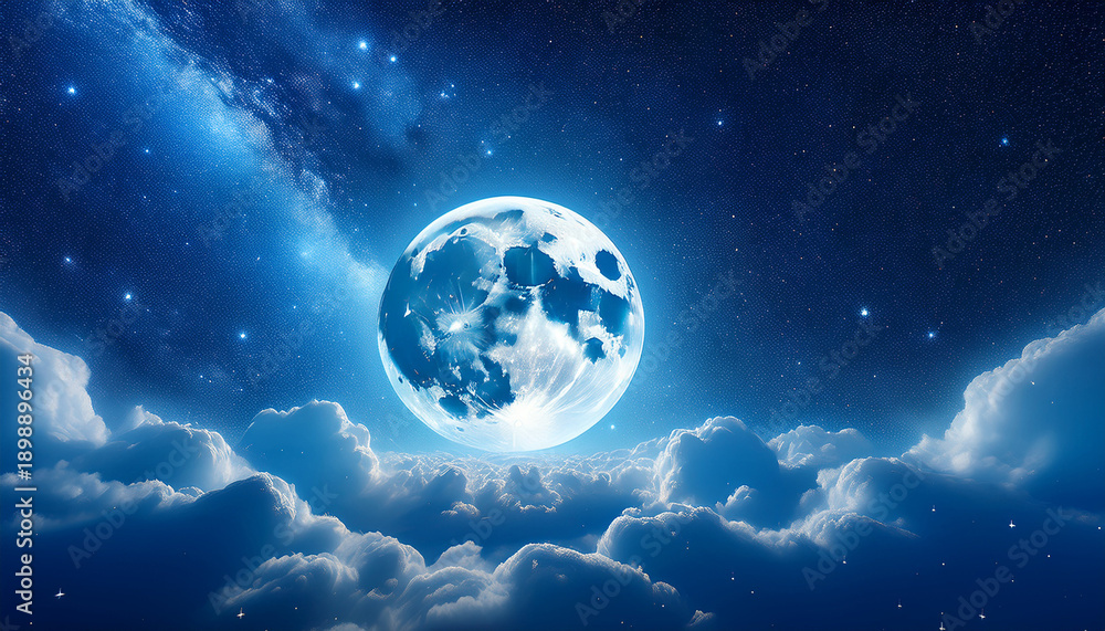 Obraz premium Beautiful Blue Astrological Background With A Full Moon Emerging From Clouds With A Scattering Of Stars