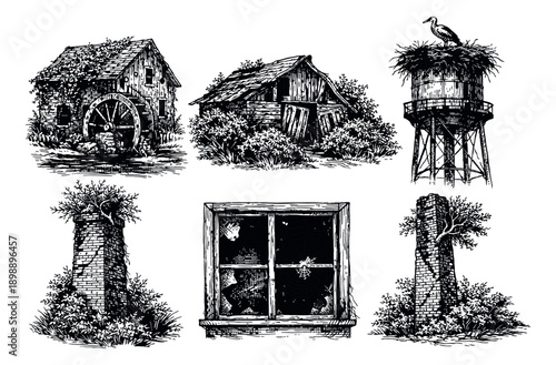 Line art abandoned buildings set featuring an old mill, barn, water tower, and window for vintage themes