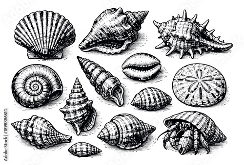 Hand drawn line art seashells and marine life set featuring various mollusk shells and a hermit crab for beach and marine themes