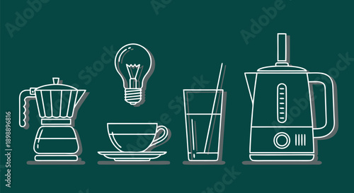Conceptual vector illustration of kitchen appliances and a cup of coffee with a lightbulb representing ideas