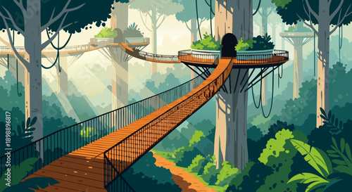 Futuristic eco-friendly treehouse village and bridges illustration, vector art