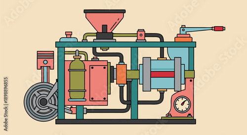 Industrial machinery vector illustration of a complex factory machine, equipment, and manufacturing process