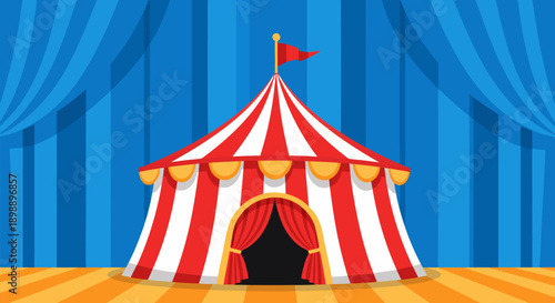 Vector illustration of a classic red and white striped circus tent under a blue curtain backdrop on a wooden stage