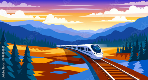 Vector illustration of a high-speed train traveling through a scenic mountain landscape at sunset