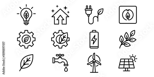 Green energy and sustainability icons: lightbulb, house, plug, leaf, gear, battery, plant branch, solar panel, windmill Vector Icon Bundle