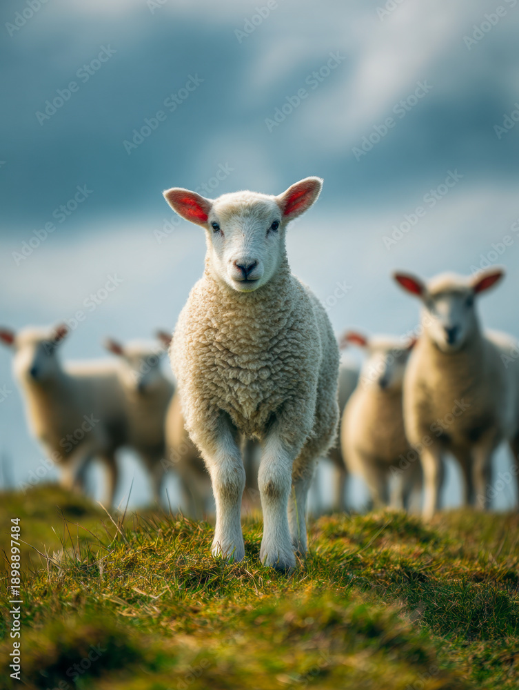 Obraz premium Young lamb standing on lush green grass with a group of sheep blurred in the background under a dramatic cloudy sky on a pastoral landscape