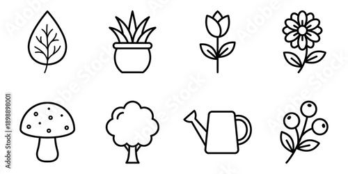 Nature and plant icons: leaf, potted plant, tulip, daisy, mushroom, tree, watering can, berries Vector Icon Bundle