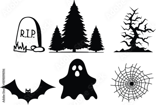 Spooky black silhouette icons , halloween, spooky, silhouette, icon, ghost, bat, tombstone, tree, forest, spiderweb,