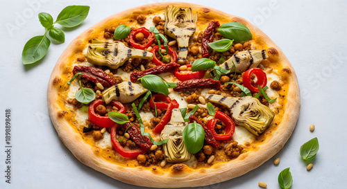 a appetizing liberation-flavored pizza with ornate ultimatum sauce at the side., on sold white background