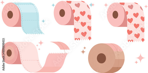 Cute Decorative Toilet Paper Rolls Set with Hearts and Pastel Colors, Flat Vector Illustration Collection