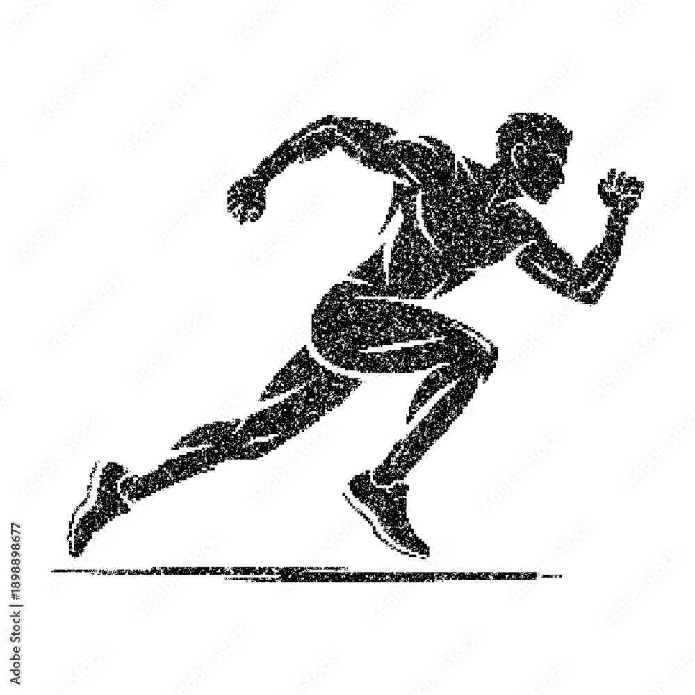 Fototapeta premium Textured black silhouette of a male runner captured in a dynamic sprinting pose, symbolizing speed and athleticism isolated on white transparent background vector design