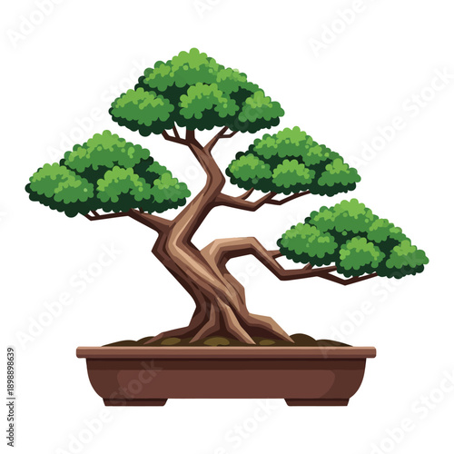 Traditional Japanese bonsai tree with gnarled trunk and lush green foliage in a brown pot.
