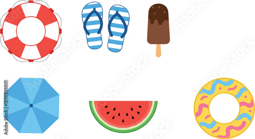 summer, beach, lifebuoy, flipflops, umbrella, watermelon, donut, float, icecream, vacation, holiday, tropical, pool, swim, sunny, travel, seaside, illustration, vector, flat, collection, isolated