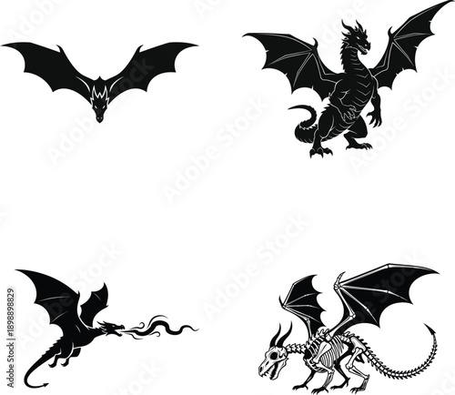 Collection of four mythical dragon silhouettes in flight