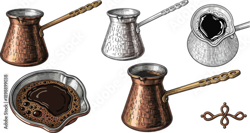 Turkish Coffee Pot and Cup Set, Hand Drawn Vintage Engraving Style Vector Illustration Collection