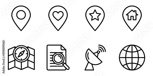 Collection of map and location marker line icons, featuring pin, compass, satellite dish, and globe symbols. Vector Icon Bundle