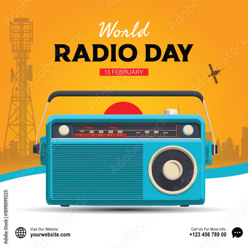 world radio day poster with vintage radio illustration, urban skyline background, global communication and broadcasting media celebration design