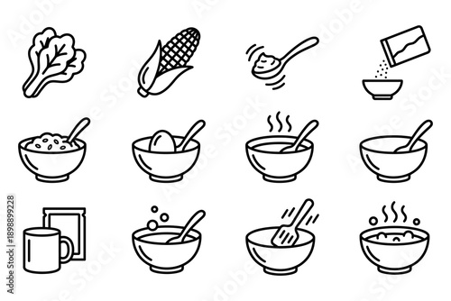 Food and cooking icon set, featuring vegetables, grain, bowls of soup, steaming dishes, and a mug of coffee. Vector Icon Bundle
