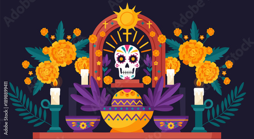Day of the Dead altar vector illustration, traditional Mexican celebration of life and remembrance