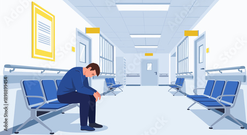 Sad man sitting alone in hospital waiting room vector illustration, depicting loneliness and waiting