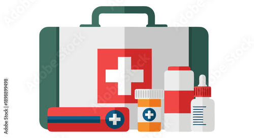 First Aid Kit and Medical Supplies Vector Illustration for Emergency Care and Health