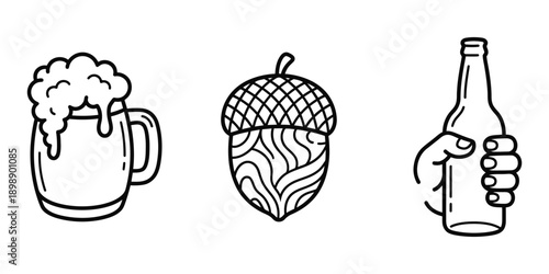 Beverage and food icon set, featuring a frothy beer mug, acorn, and a hand holding a bottle. Vector Icon Bundle