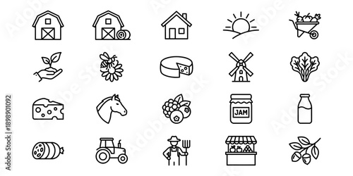 Farming and agriculture icon set, showing barns, windmill, tractor, farmer, fresh produce, and dairy. Vector Icon Bundle