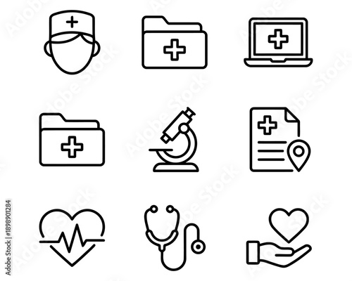 Healthcare and medical icons: doctor, folder, laptop, microscope, document, heart rhythm, stethoscope, hand holding heart, plus symbol, cross. Vector Icon Bundle
